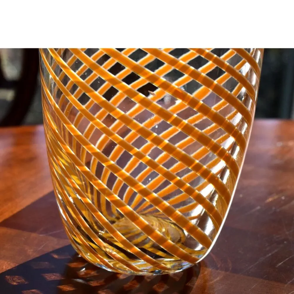 Tall Mid-Century Orange Spiral Stripe Murano Glass Vase